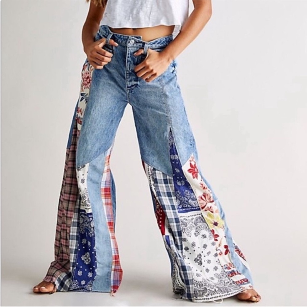 We The Free Blue Patchwork Flare Jeans